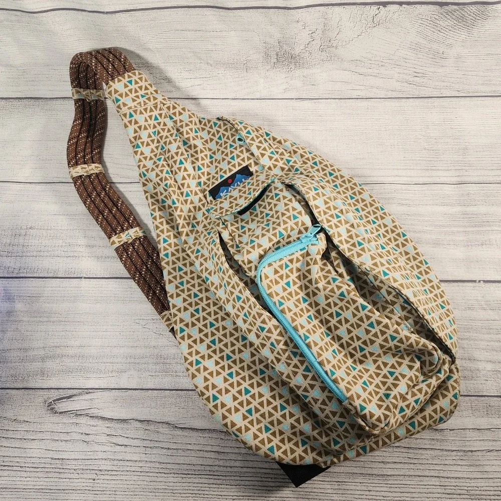 Kavu Rope Bag Canvas Sling Crossbody Geometric Triangle Tan Turquoise